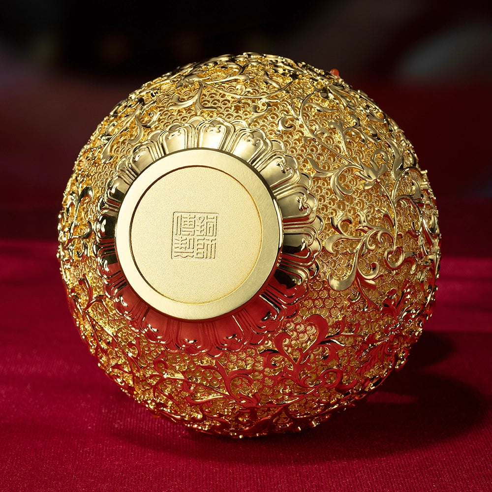 Bottom view of the solid copper base with an artisanal seal, verifying the authenticity of this 24K gold plated feng shui masterpiece.