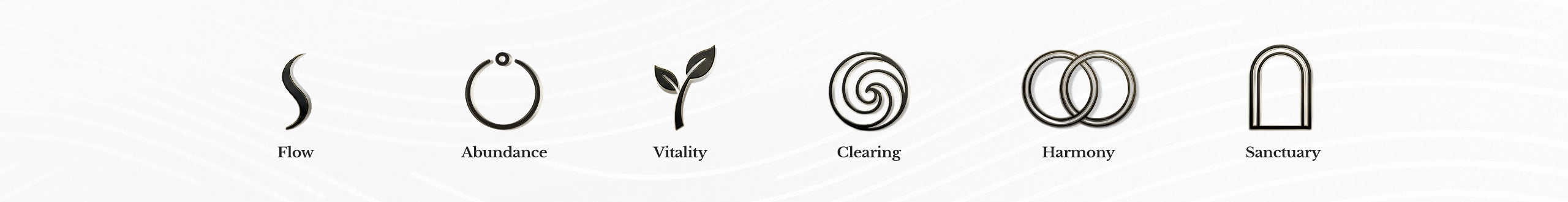 HOOHLU Modern Alchemy energy icons: Flow, Abundance, Vitality, Clearing, Harmony, and Sanctuary.