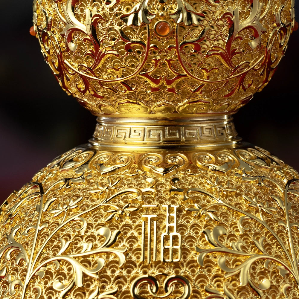Macro detail of traditional Chinese filigree craftsmanship on gold-plated brass, featuring the character "Fu" for good fortune.