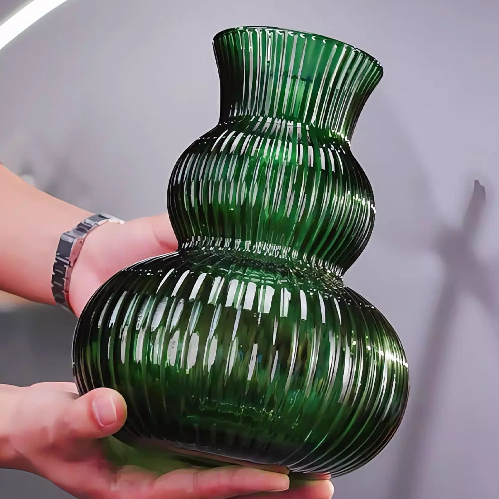 Emerald Green Ribbed Glass Vase - 21cm Fluted Gourd Flower Vessel