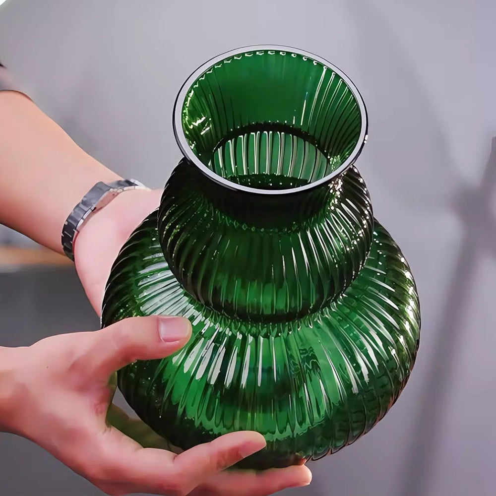 Emerald Green Ribbed Glass Vase - 21cm Fluted Gourd Flower Vessel