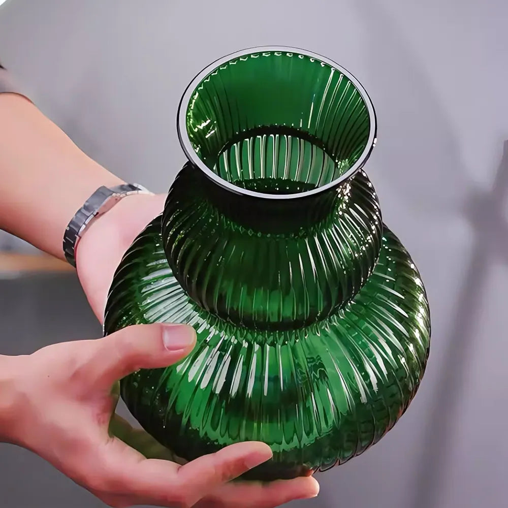 Emerald Green Ribbed Glass Vase - 21cm Fluted Gourd Flower Vessel