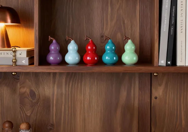 Wooden bookshelf decorated with a row of vibrant porcelain ornaments, adding a modern and playful touch to a home library.