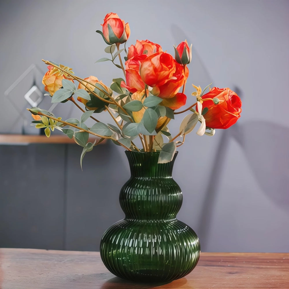 Emerald Green Ribbed Glass Vase - 21cm Fluted Gourd Flower Vessel