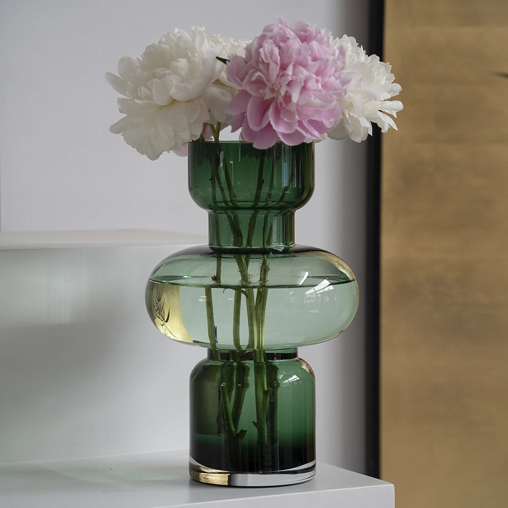 Green Gourd-Shaped Stacked Glass Vase - Modern Table Centerpiece