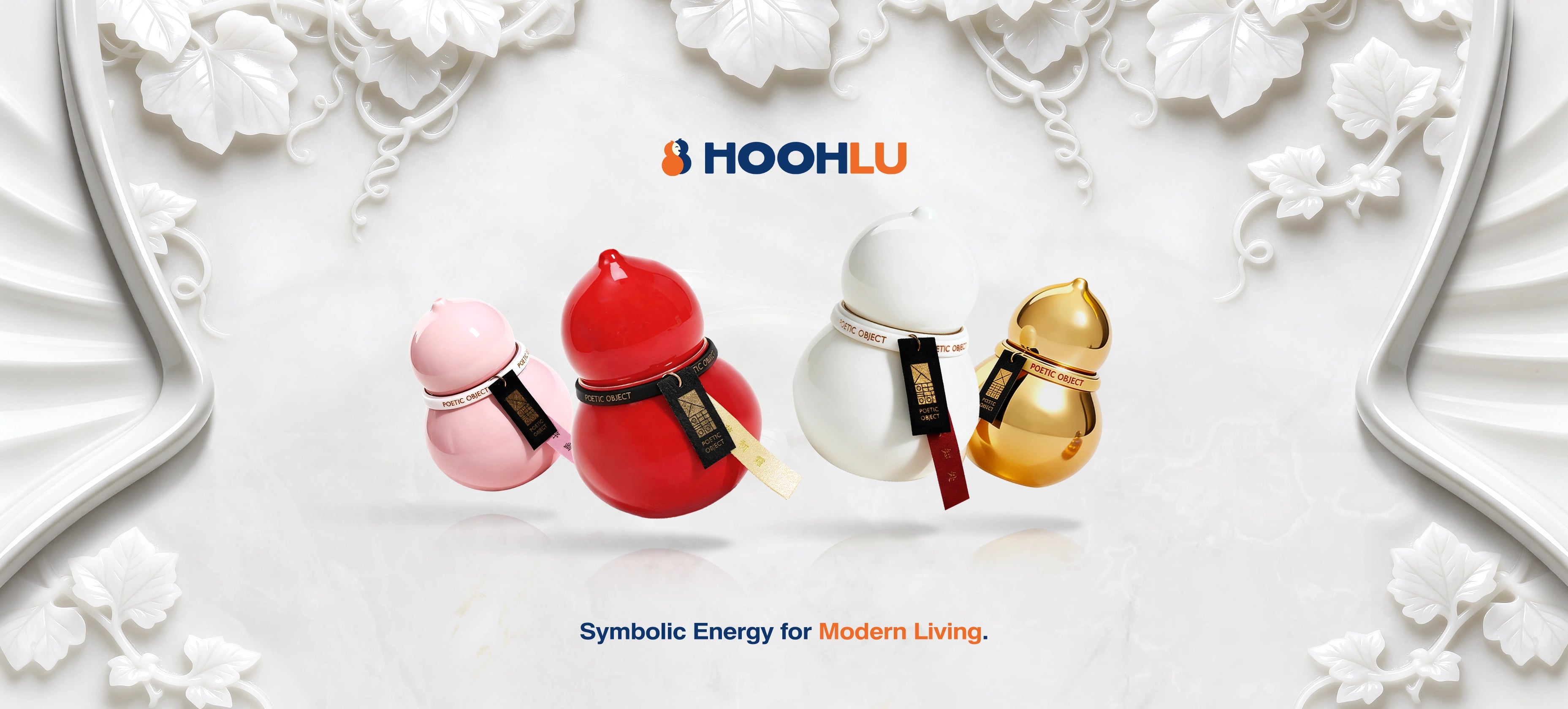 Banner featuring HOOHLU luxury porcelain scented candles in pink, red, white, and gold, representing symbolic energy for modern living home decor.
