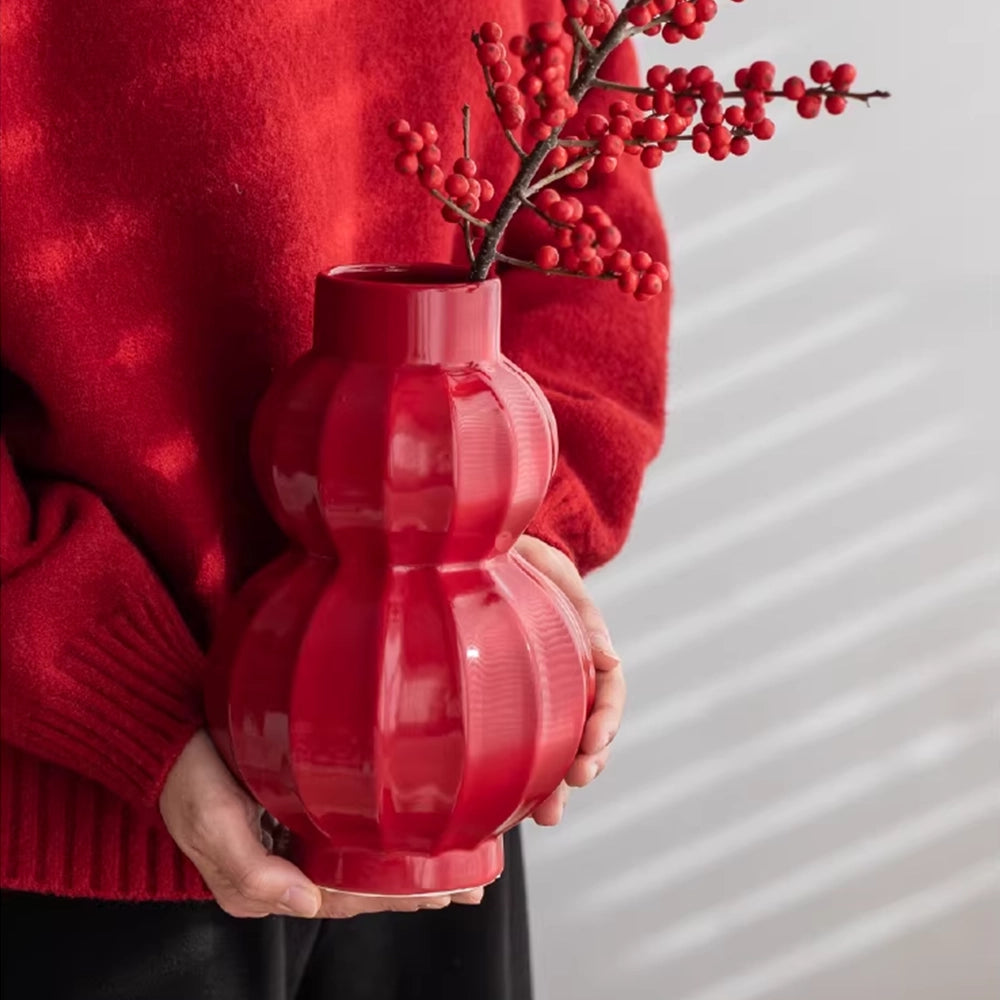 Red Ceramic Flower Vase - Lucky Lantern Shape Table Decoration