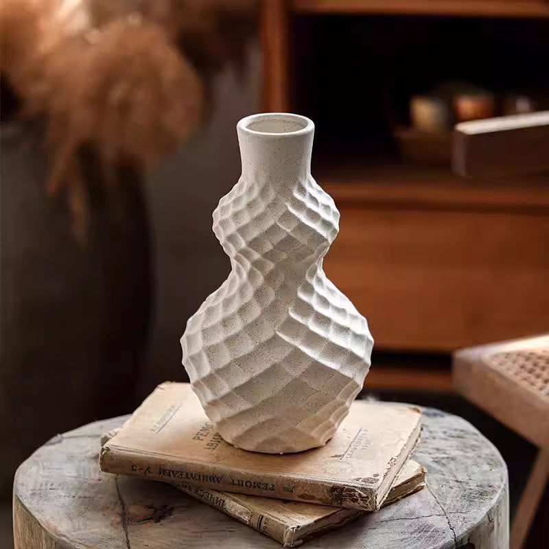 Handmade Ceramic Gourd Vase with Diamond Texture - Rustic Farmhouse Decor