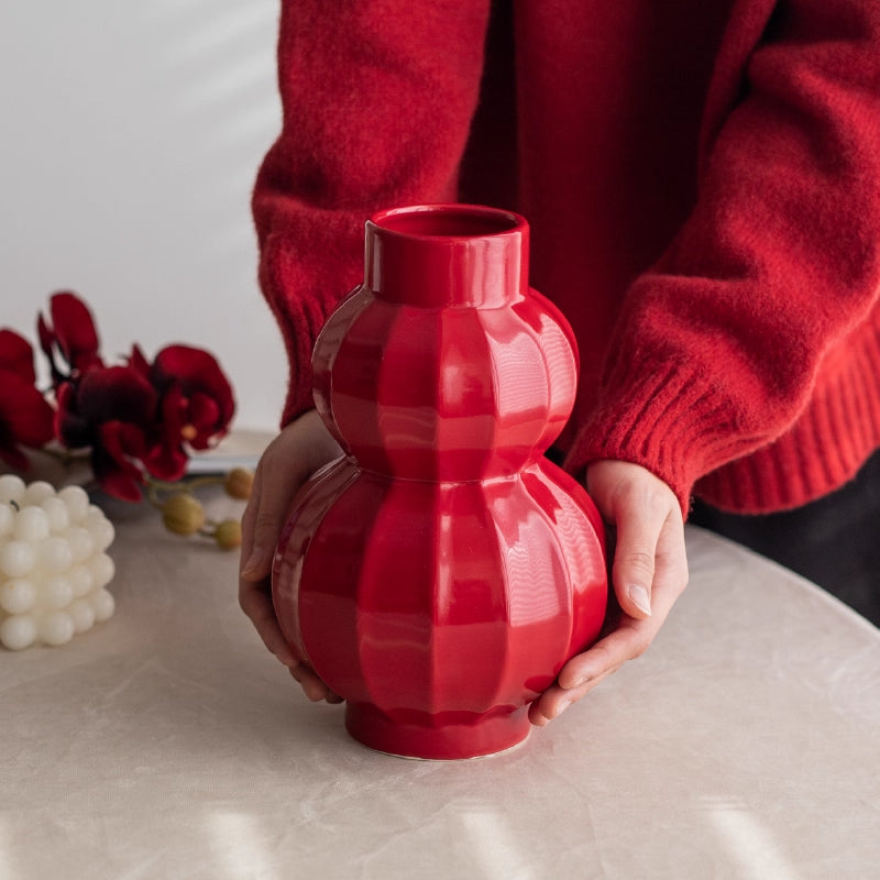 Red Ceramic Flower Vase - Lucky Lantern Shape Table Decoration