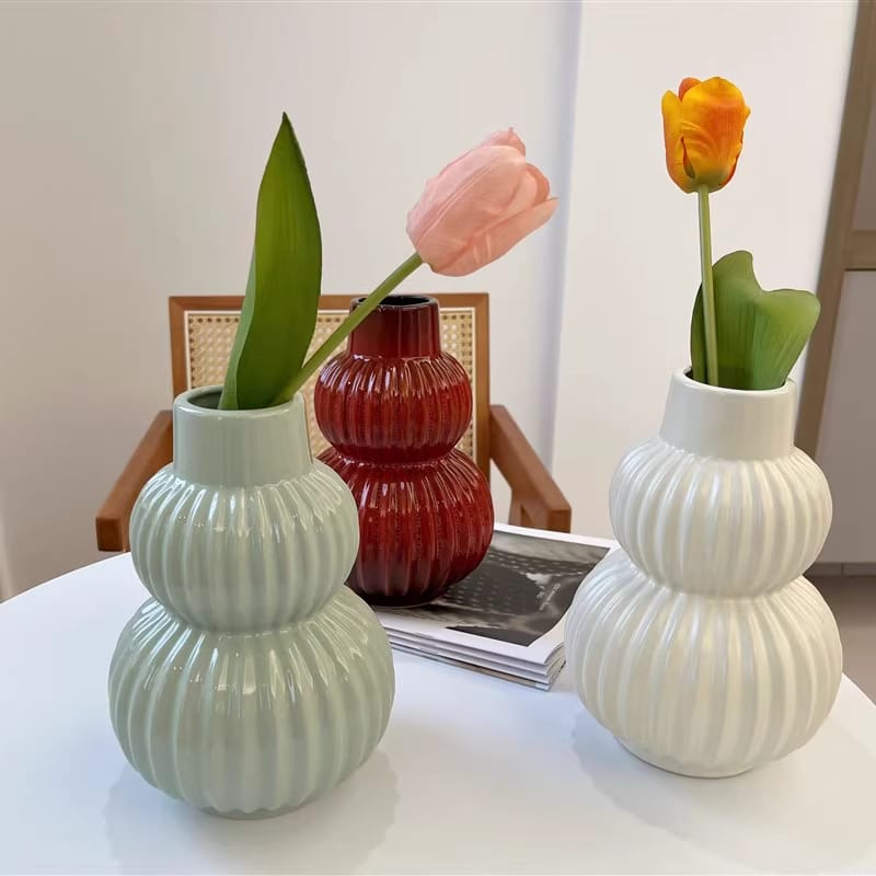HOOHLU Vase Modern Ribbed Ceramic Gourd Vase - 21cm Double Bulb Flower Vessel