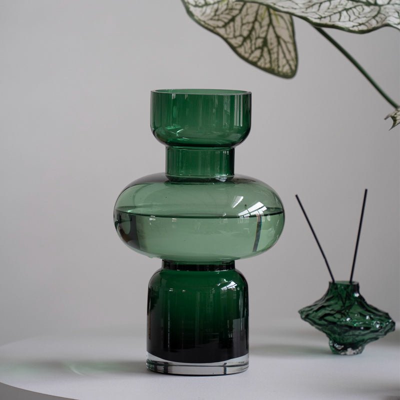 Green Gourd-Shaped Stacked Glass Vase - Modern Table Centerpiece