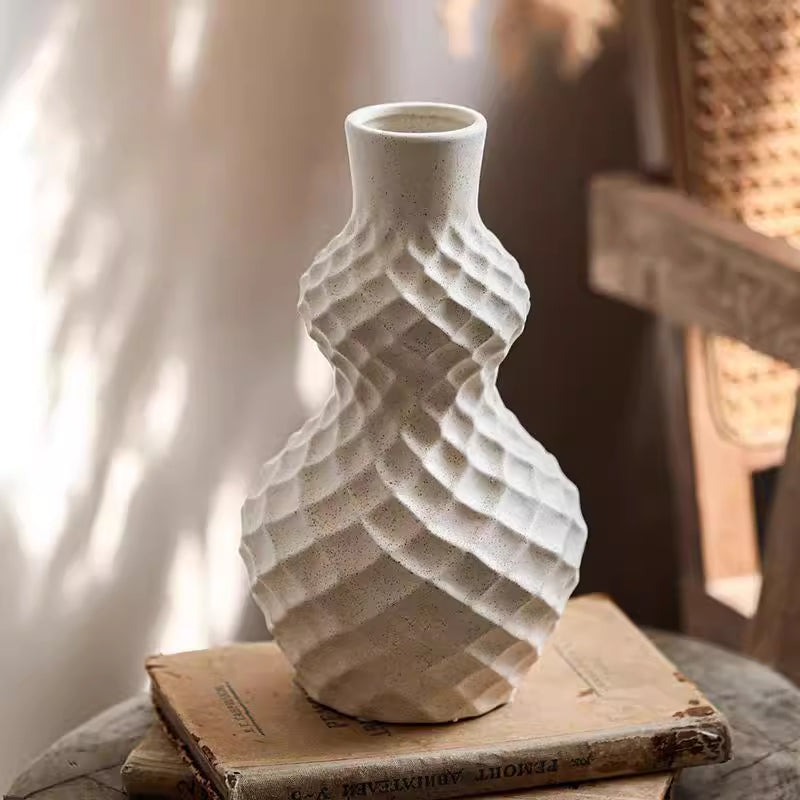 Handmade Ceramic Gourd Vase with Diamond Texture - Rustic Farmhouse Decor