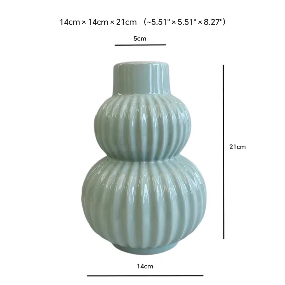 HOOHLU Vase Modern Ribbed Ceramic Gourd Vase - 21cm Double Bulb Flower Vessel