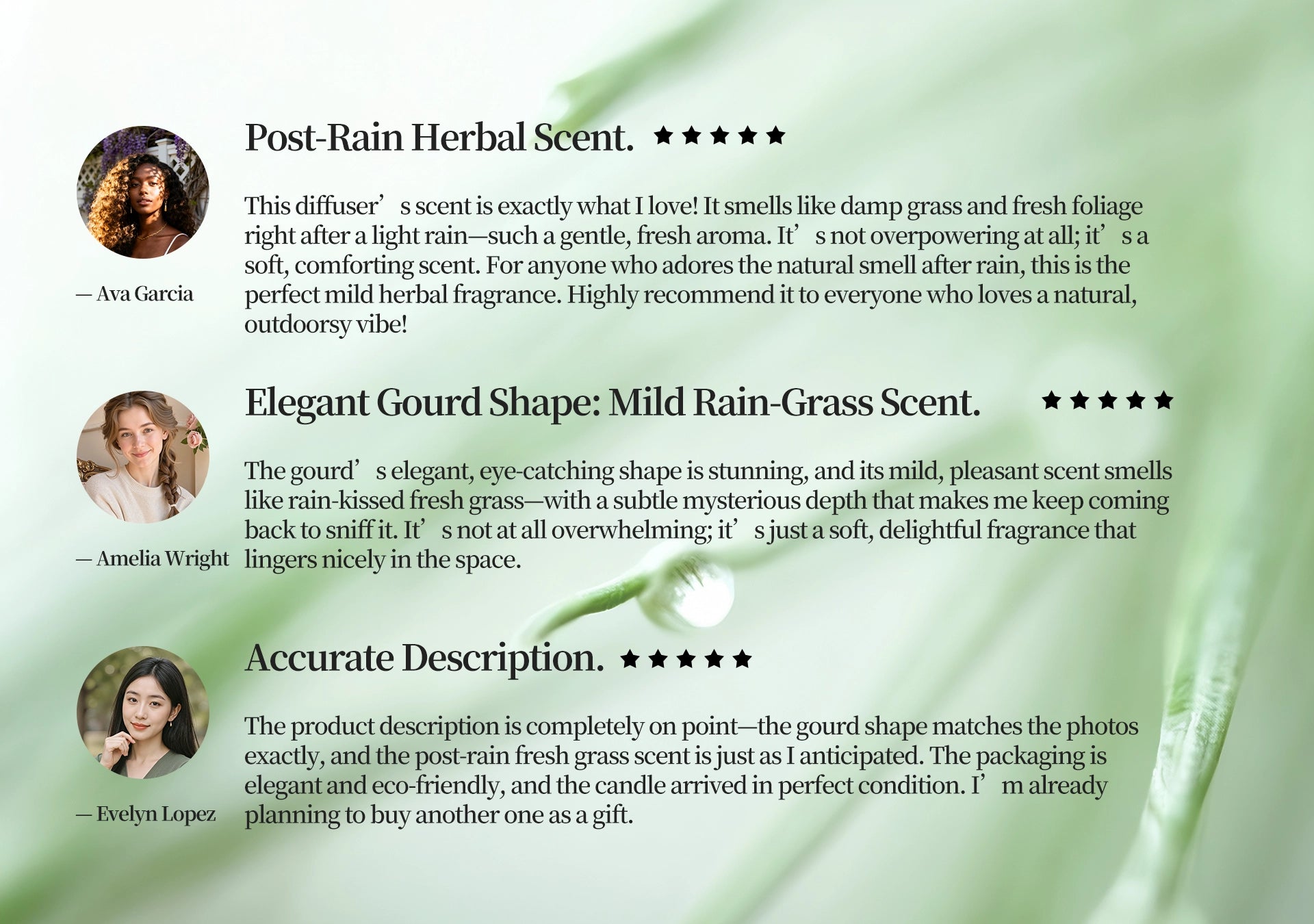 Customer testimonials and 5-star reviews for Fresh Herb scented candle, praising the post-rain natural fragrance and elegant white porcelain design.
