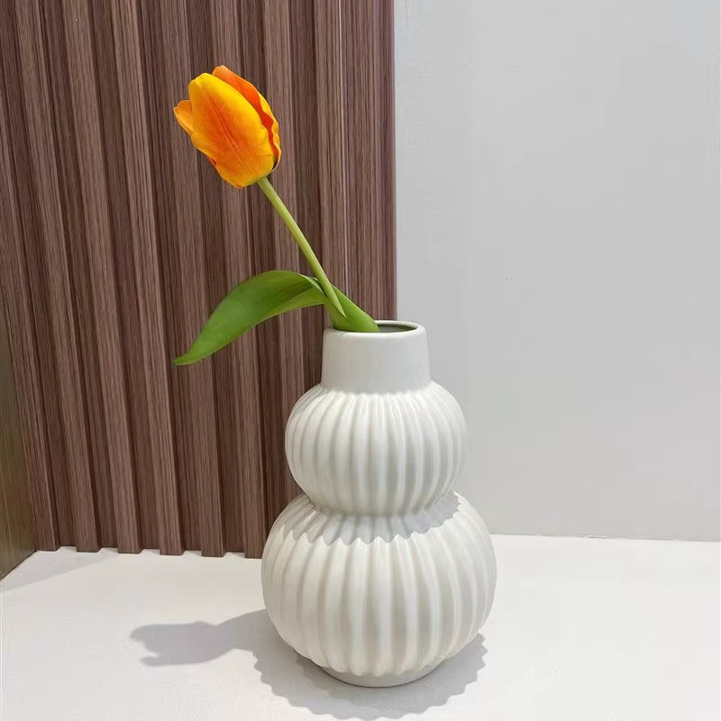 Modern Ribbed Ceramic Gourd Vase - 21cm Double Bulb Flower Vessel