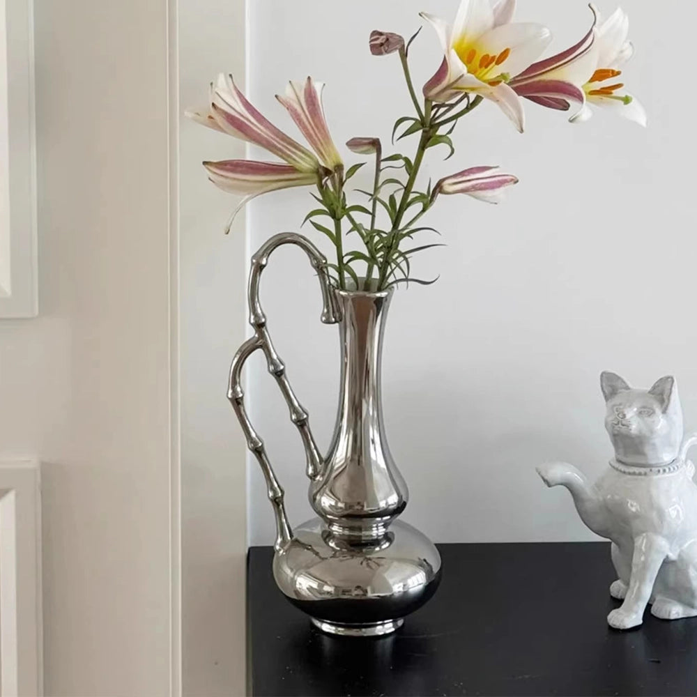 Modern Silver Ceramic Gourd Vase - 12 Inch Chrome Finish Flower Vessel with Bamboo Handle