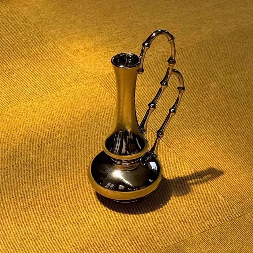 Modern Silver Ceramic Gourd Vase - 12 Inch Chrome Finish Flower Vessel with Bamboo Handle