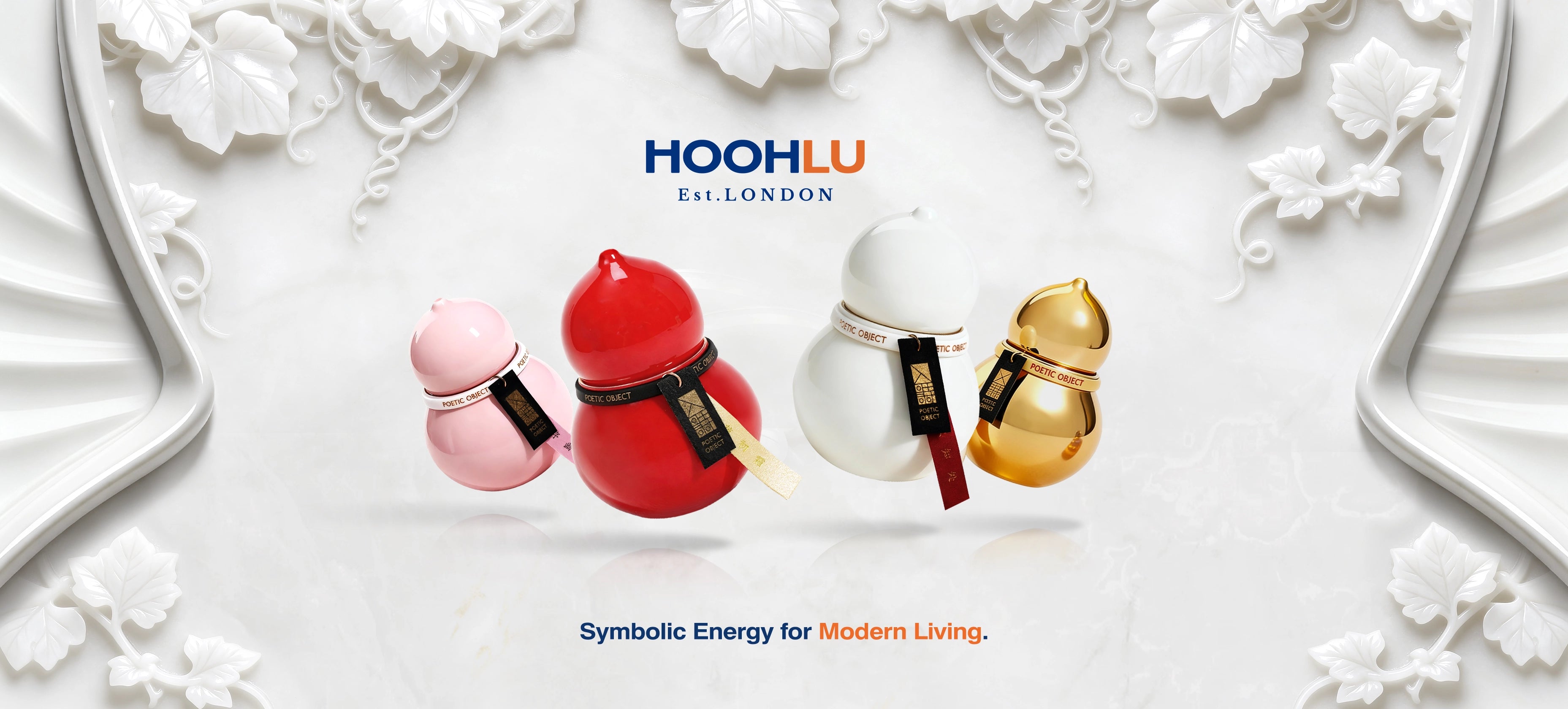 HOOHLU Silhouette Collection: Luxury porcelain candle vessels in Red, White, Gold, and Pink displayed on a sculpted white relief background. Text: Symbolic Energy for Modern Living.