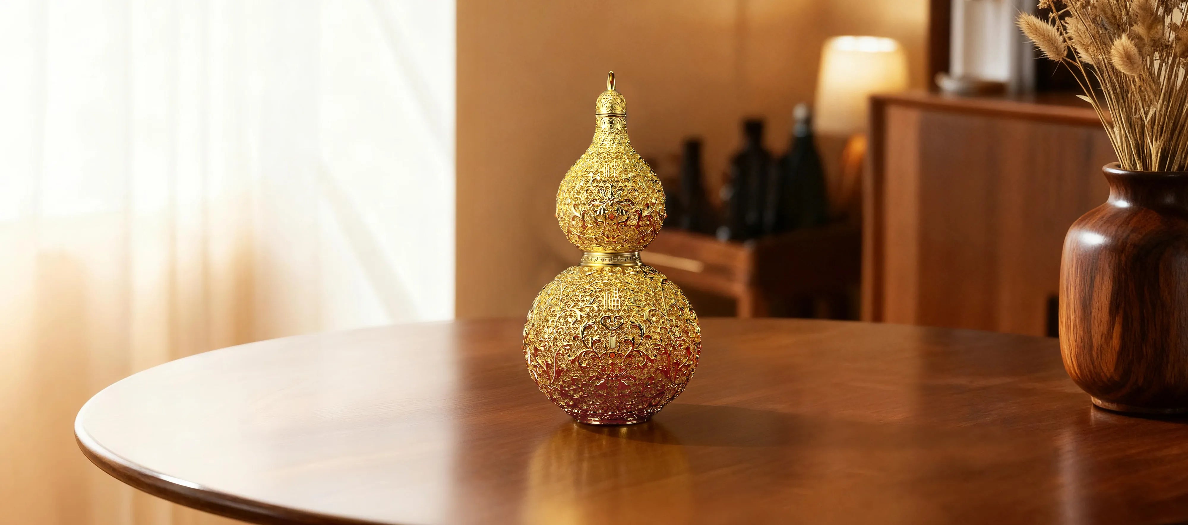 Artisanal gold-plated filigree copper ornament on a wooden desk - HOOHLU luxury tabletop decor for fortune and elegance.