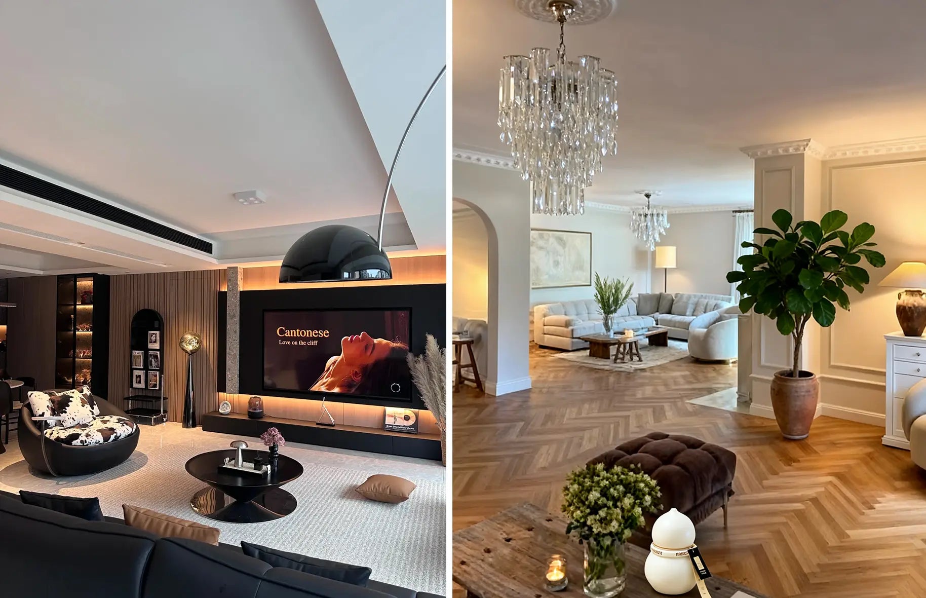 Modern living room decor featuring luxury ceramic vases and large crystal chandelier for elegant ambiance.