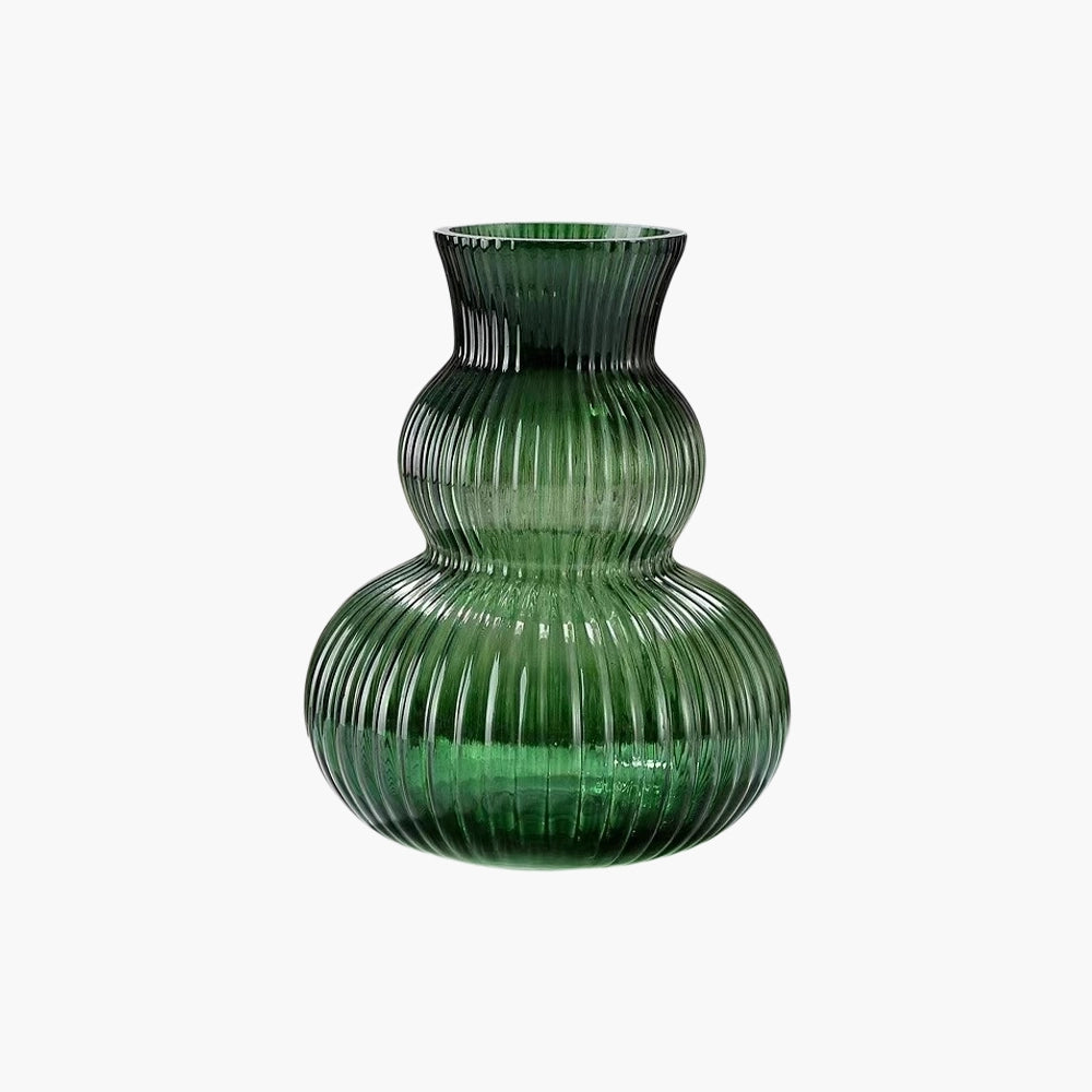Emerald Green Ribbed Glass Vase - 21cm Fluted Gourd Flower Vessel