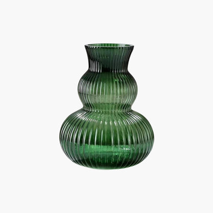 Emerald Green Ribbed Glass Vase - 21cm Fluted Gourd Flower Vessel