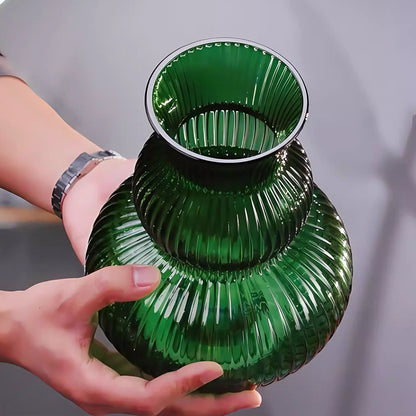 Emerald Green Ribbed Glass Vase - 21cm Fluted Gourd Flower Vessel