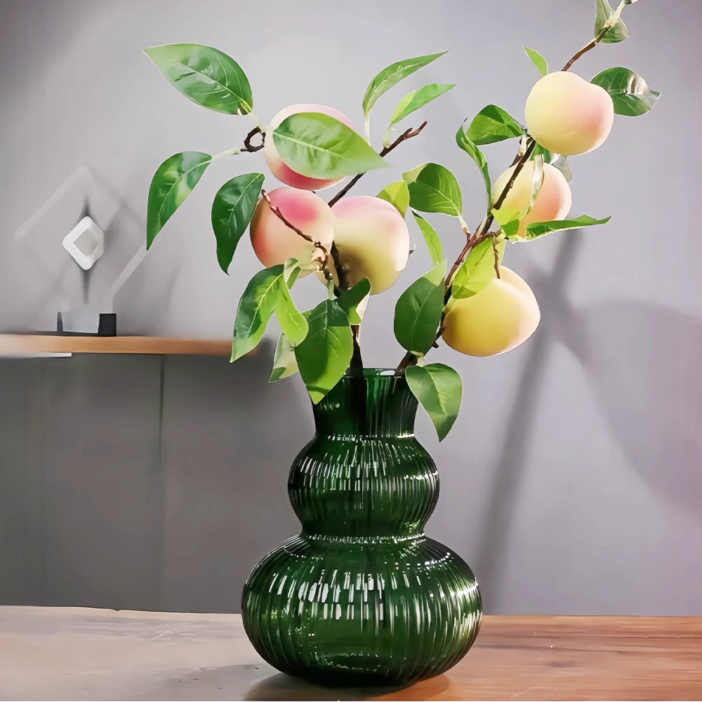 Emerald Green Ribbed Glass Vase - 21cm Fluted Gourd Flower Vessel