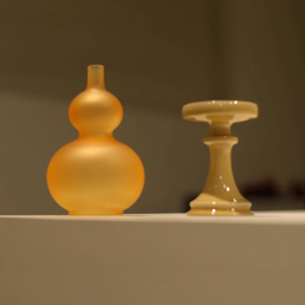 Frosted Yellow Gourd Shade & Ginger Glaze Candlestick Set | Luxury Home Decor