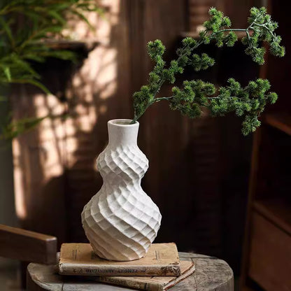 Handmade Ceramic Gourd Vase with Diamond Texture - Rustic Farmhouse Decor