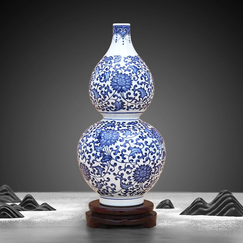 Blue and White Porcelain Gourd Ornament with Lotus Pattern
