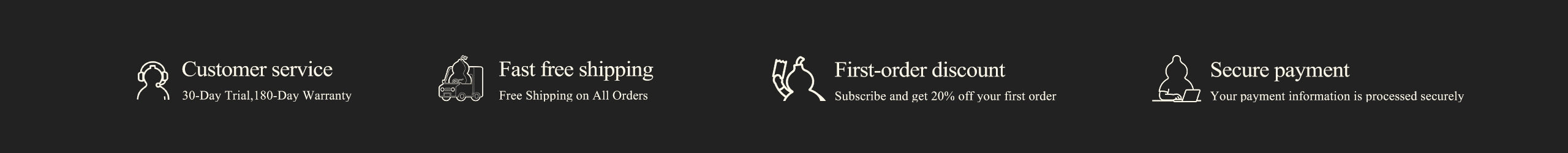 HOOHLU customer service guarantee icons including Free Shipping, First-order Discount, and Secure Payment for luxury home decor.