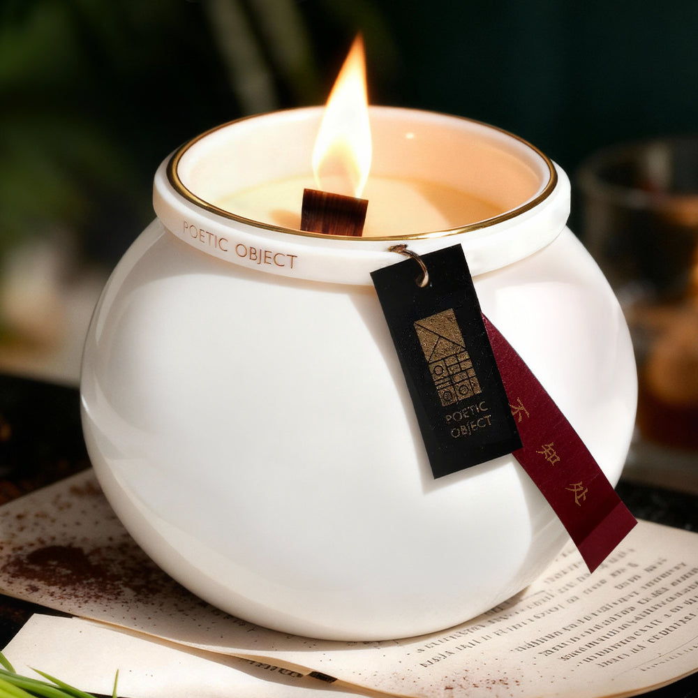 Lit Soy Wax Candle with Wood Wick - Warm Glow in Translucent White Porcelain Jar for Relaxation
