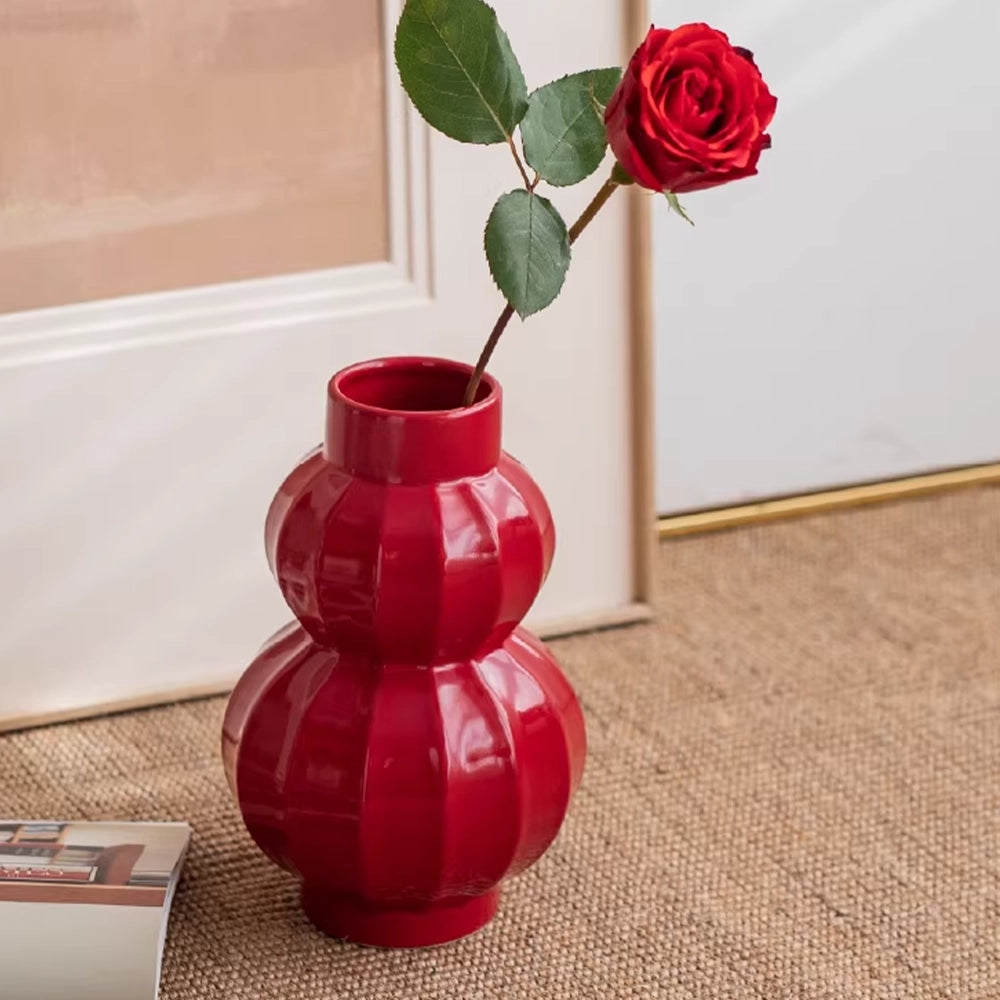 Red Ceramic Flower Vase - Lucky Lantern Shape Table Decoration