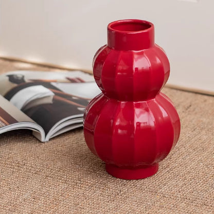 Red Ceramic Flower Vase - Lucky Lantern Shape Table Decoration