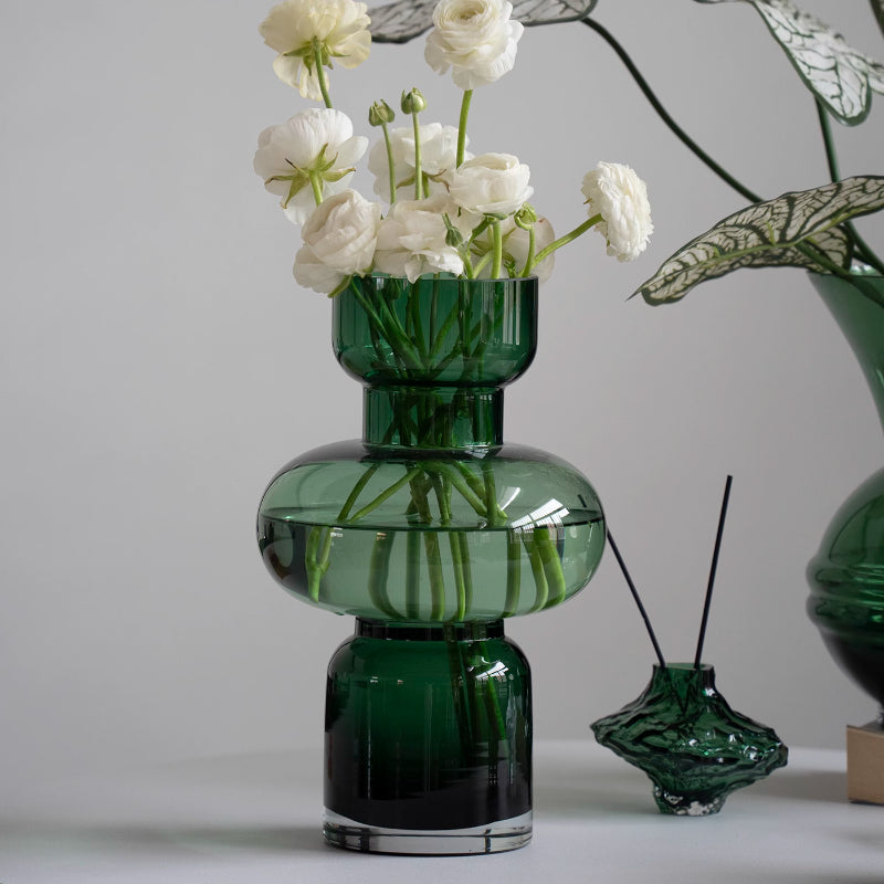Green Gourd-Shaped Stacked Glass Vase - Modern Table Centerpiece