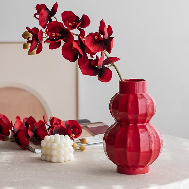 Red Ceramic Flower Vase - Lucky Lantern Shape Table Decoration