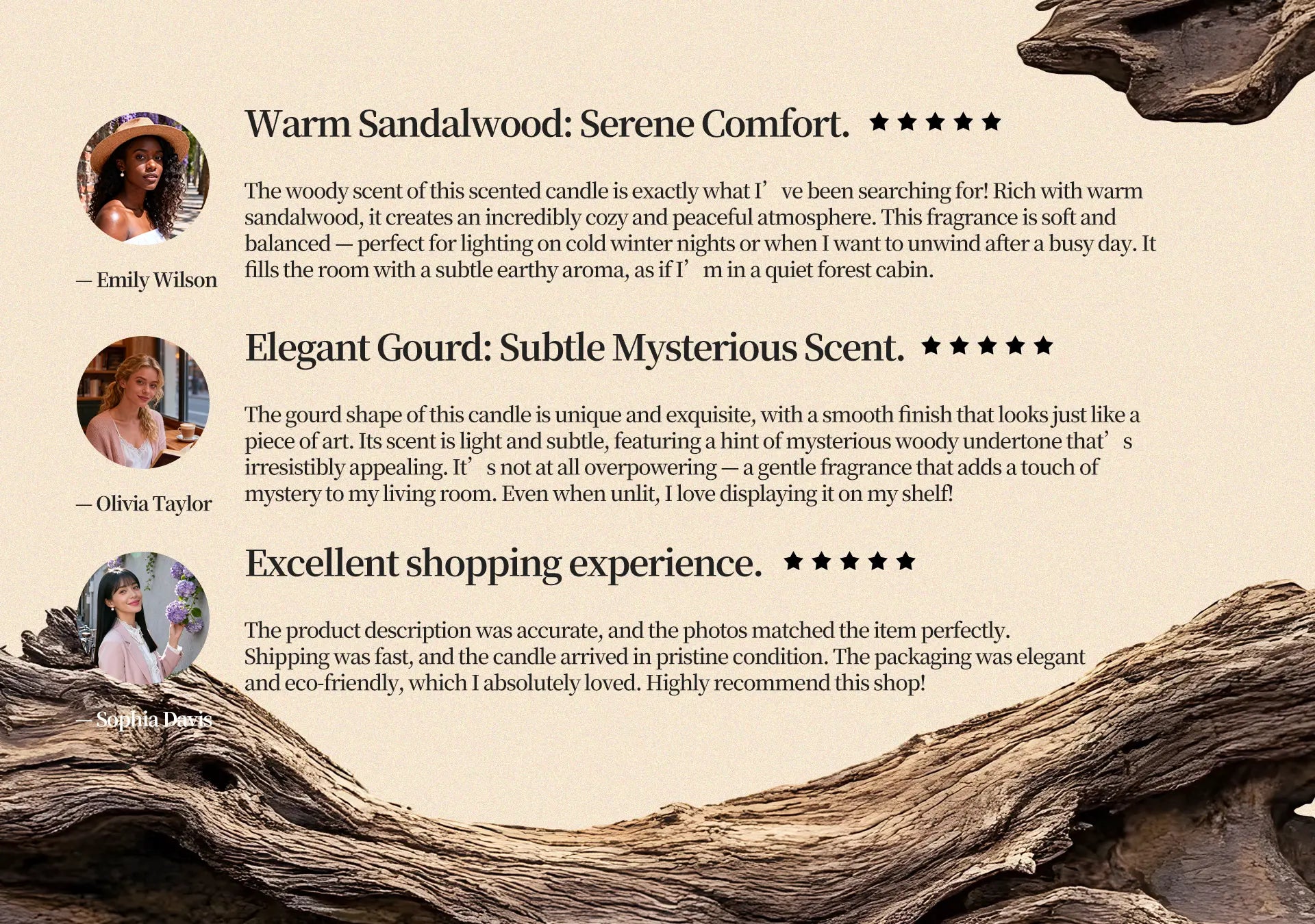 Customer reviews and 5-star ratings for the Woody Sandalwood scented candle, praising the serene comfort and elegant porcelain design.