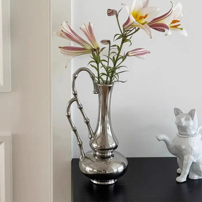 Modern Silver Ceramic Gourd Vase - 12 Inch Chrome Finish Flower Vessel with Bamboo Handle