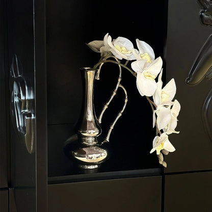 Modern Silver Ceramic Gourd Vase - 12 Inch Chrome Finish Flower Vessel with Bamboo Handle