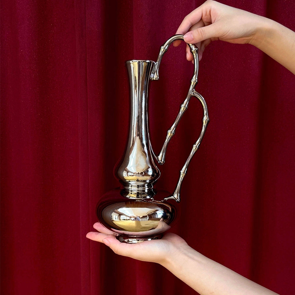 Modern Silver Ceramic Gourd Vase - 12 Inch Chrome Finish Flower Vessel with Bamboo Handle