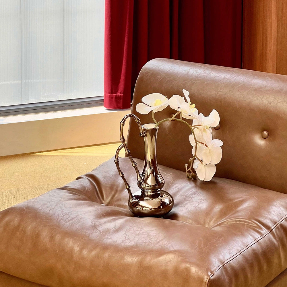 Modern Silver Ceramic Gourd Vase - 12 Inch Chrome Finish Flower Vessel with Bamboo Handle