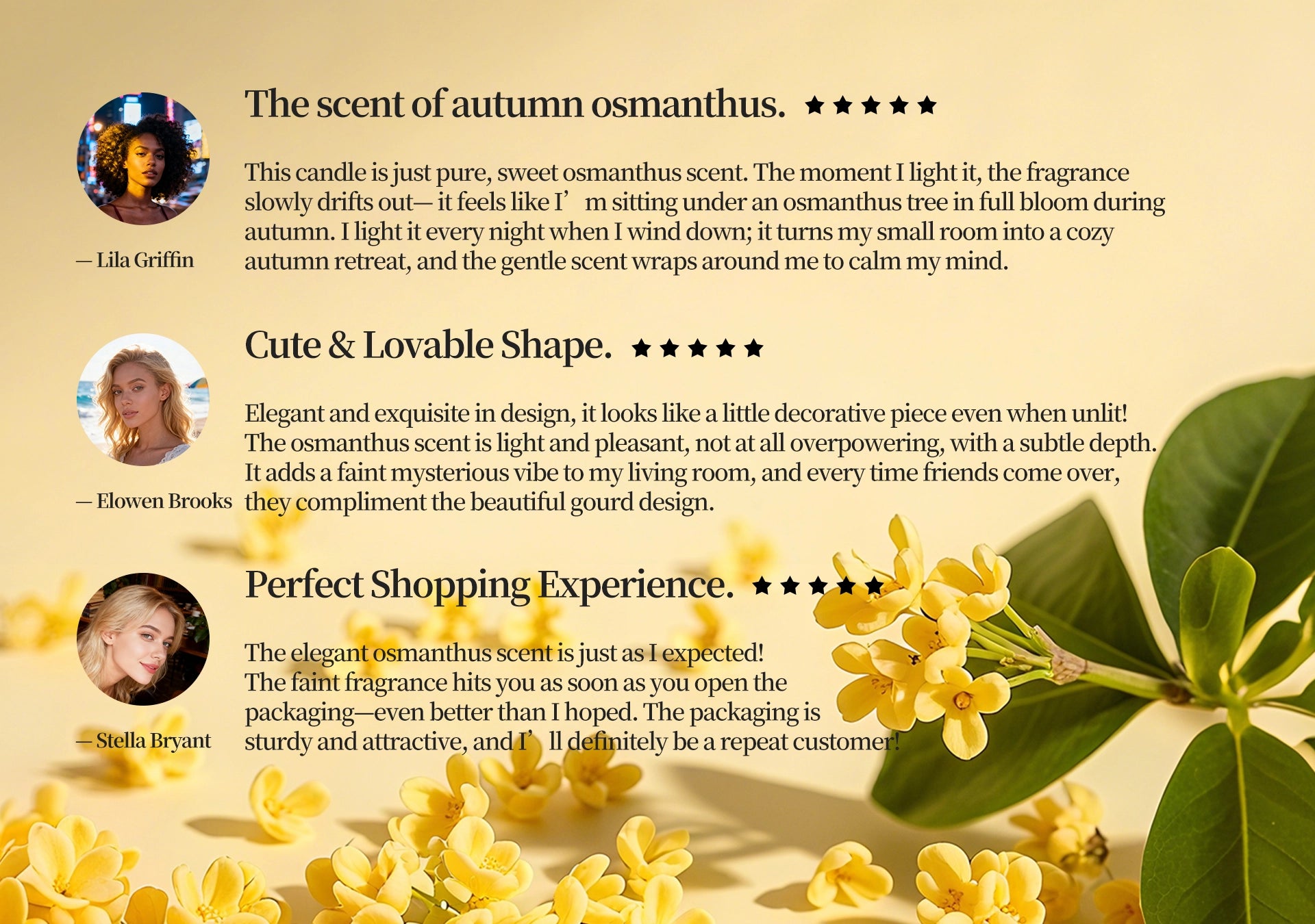 5-star customer ratings and reviews for Golden Osmanthus scented candle, highlighting the sweet autumn fragrance and giftable packaging.