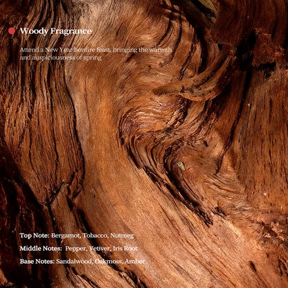 Woody Sandalwood scent profile showing rich wood grain texture, highlighting notes of tobacco, amber, and sandalwood for home fragrance.